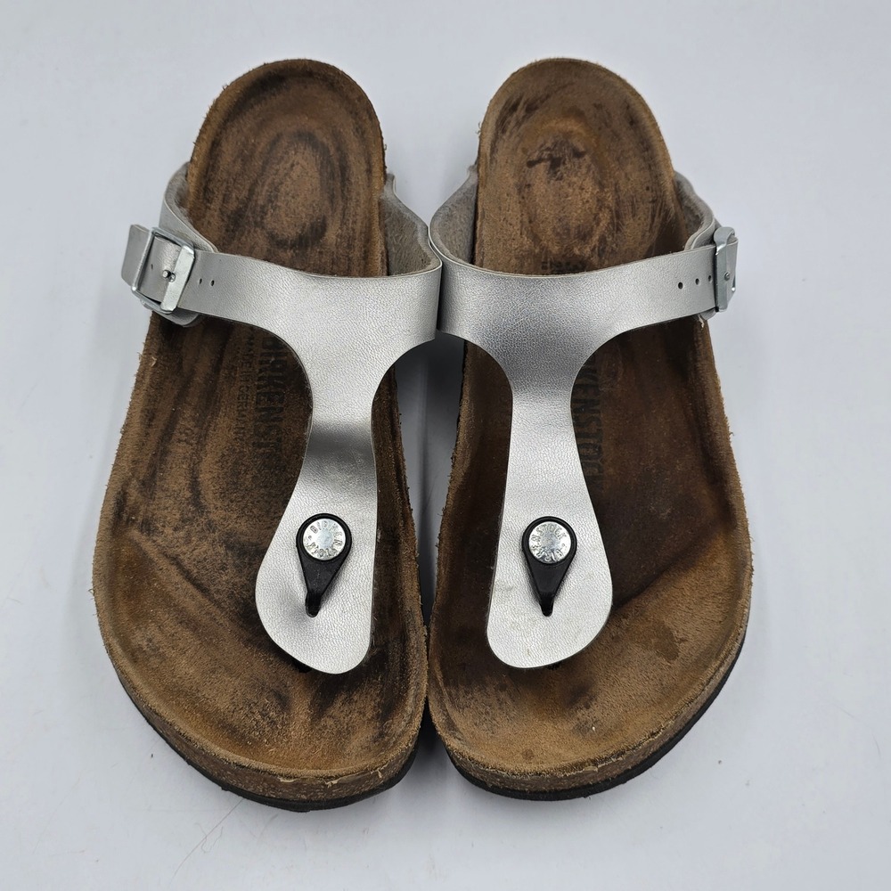 Birkenstock Sandals Women 39 Gizeh Silver Thong Buckle Cork Footbed Germany Fair